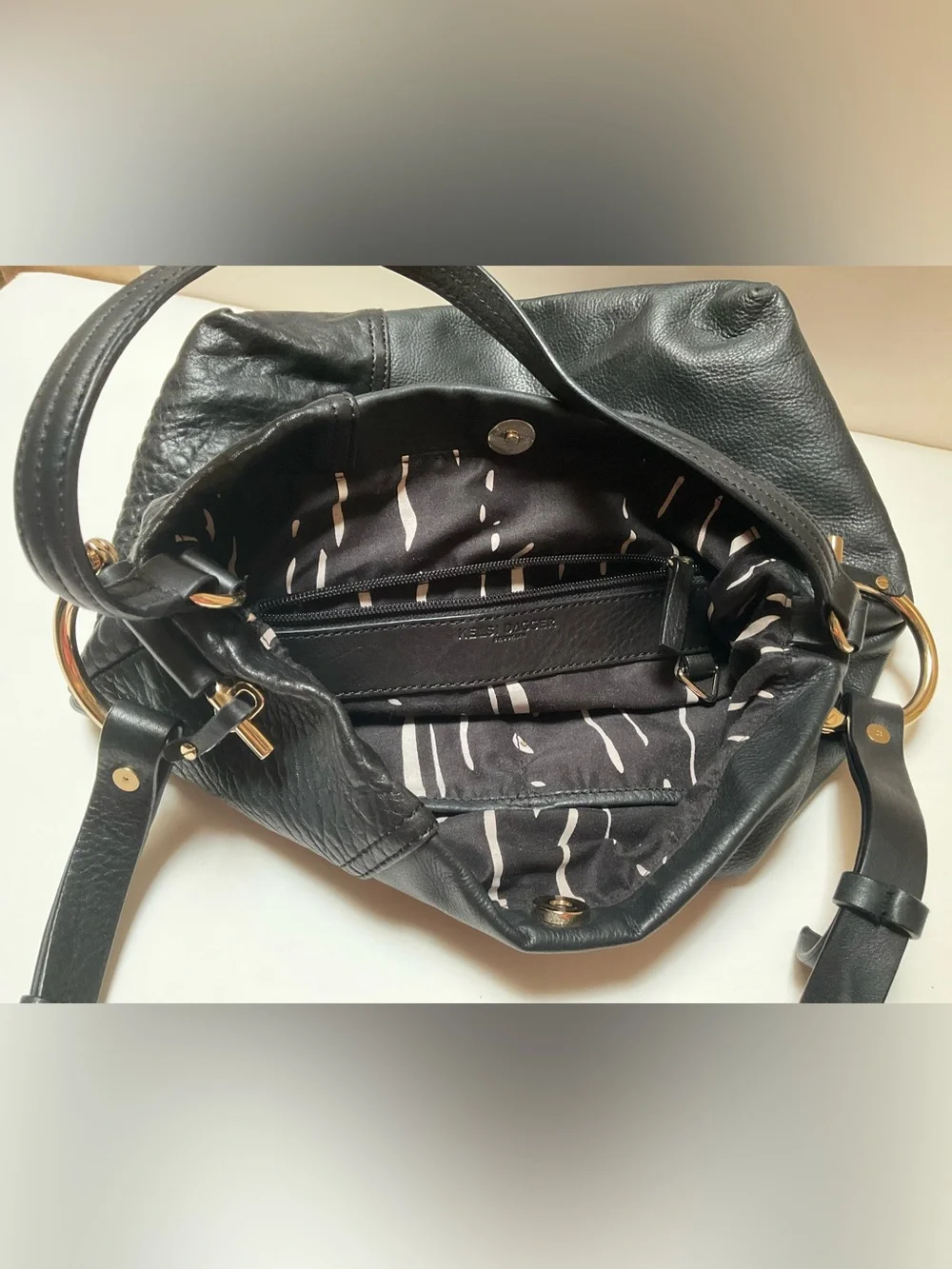 Kelsi Dagger Black Leather Shoulder Bag Dual straps Large Tote Bag Gold-tone